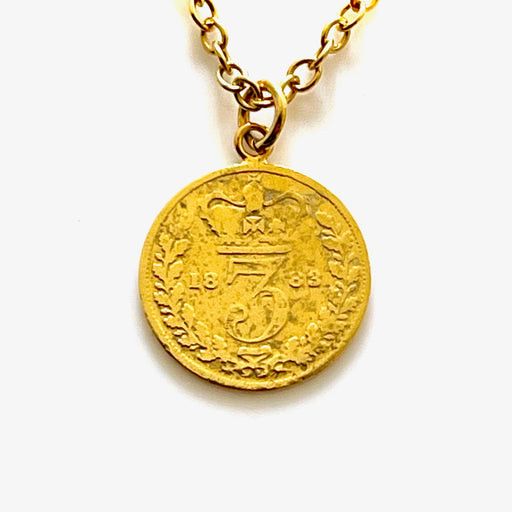 Elegant 1883 Victorian British three pence coin pendant and 18ct gold plated sterling silver necklace