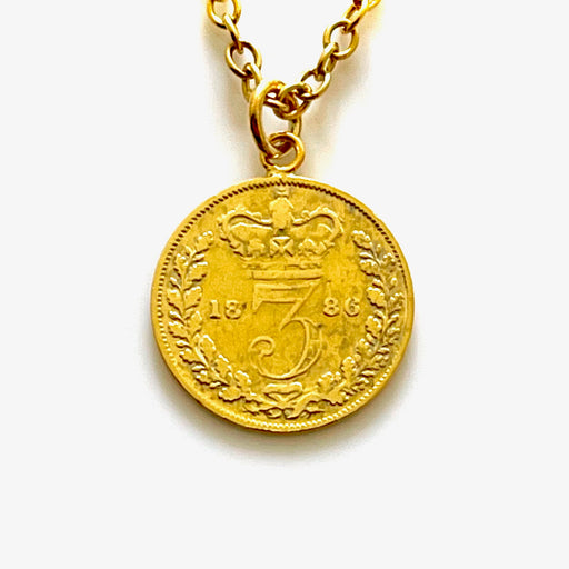 1886 Victorian British three pence coin pendant detail