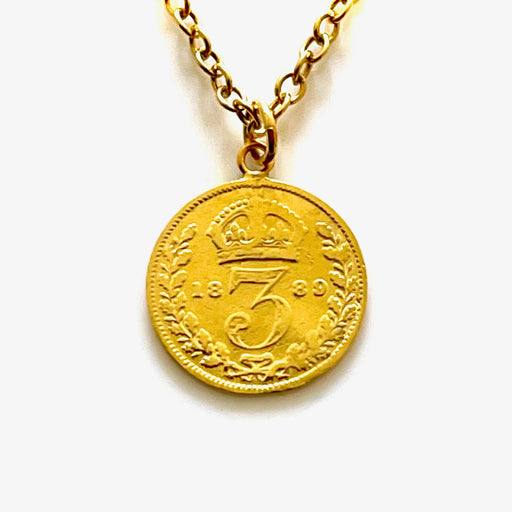 Luxurious 1889 Victorian three pence coin pendant necklace in 18ct gold plated sterling silver