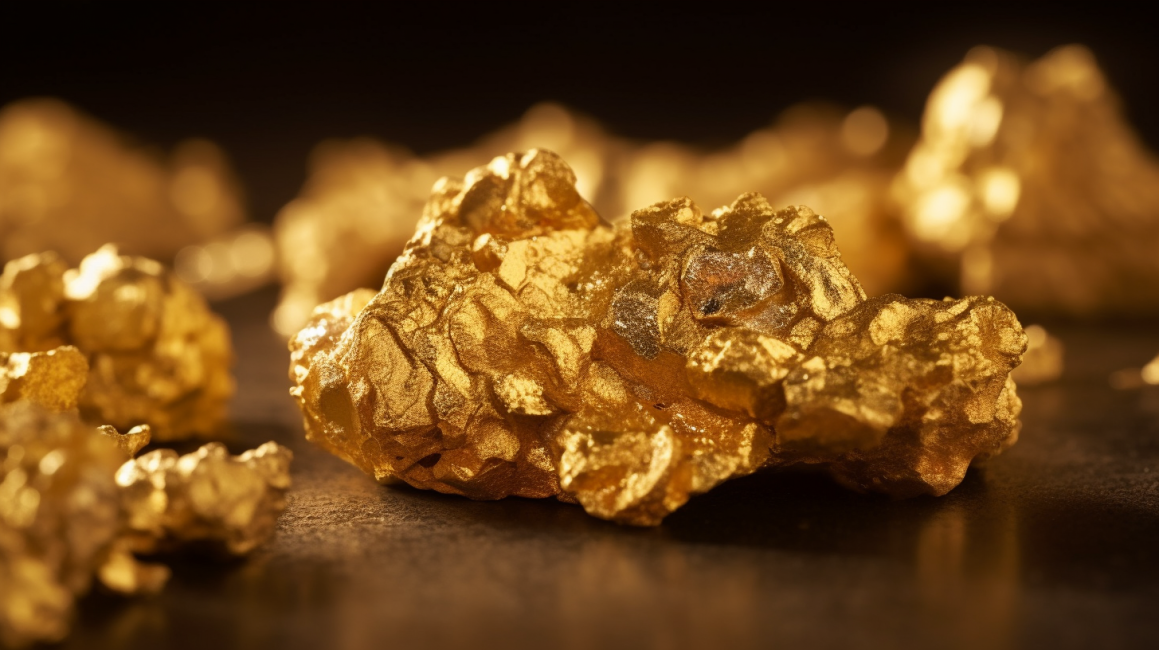 A close-up shot of gold in its raw form, with the gold nuggets placed against a neutral background 