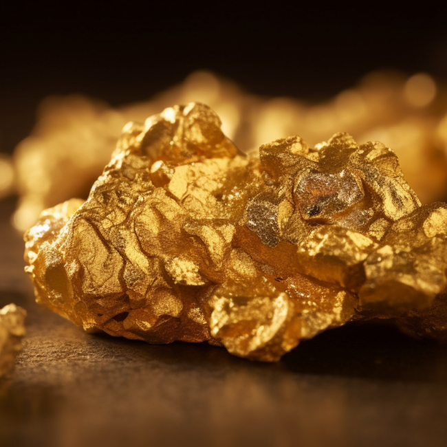 A close-up shot of gold in its raw form, with the gold nuggets placed against a neutral background 