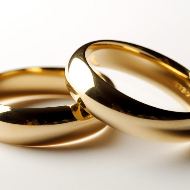 close-up shot of a pair of traditional plain gold wedding bands
