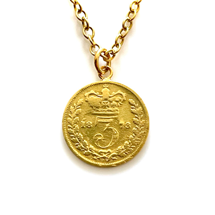 Close-up of 1873 Victorian British Three Pence Coin in Gold Plated Silver Pendant