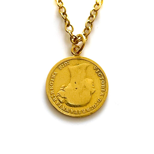 Close-up of 1874 Victorian British Three Pence Coin in Gold Plated Silver Pendant