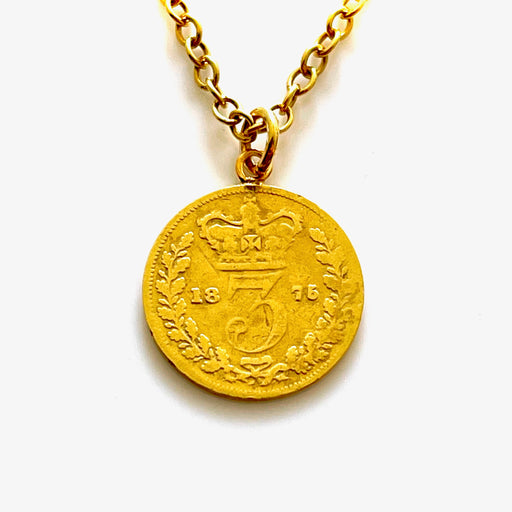 1875 Victorian British Three Pence Coin 18ct Gold Plated Sterling Silver Pendant