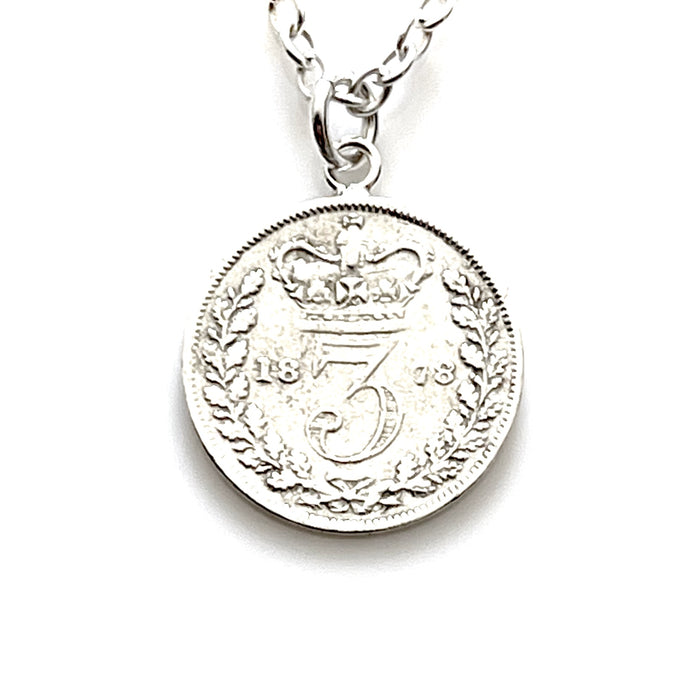 1878 Victorian Three Pence Coin Pendant in Sterling Silver