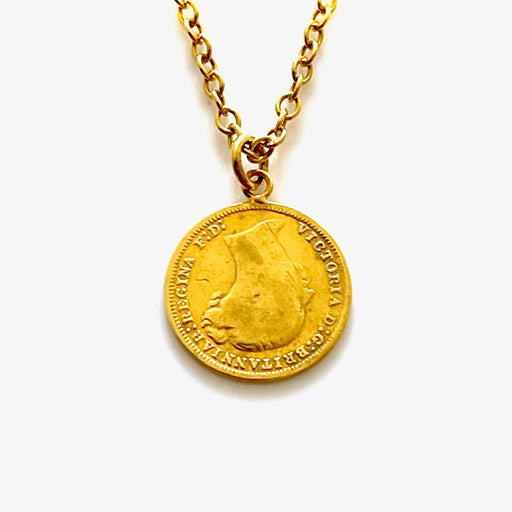 Close-up of 1878 Victorian British Three Pence Coin in Gold Plated Silver Pendant