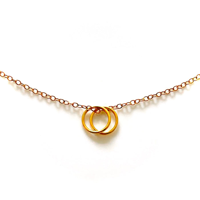 18ct Gold-Plated Sterling Silver Double Unity Karma Pendant Necklace - 10mm x 1mm Halo Rings - Cable Chain