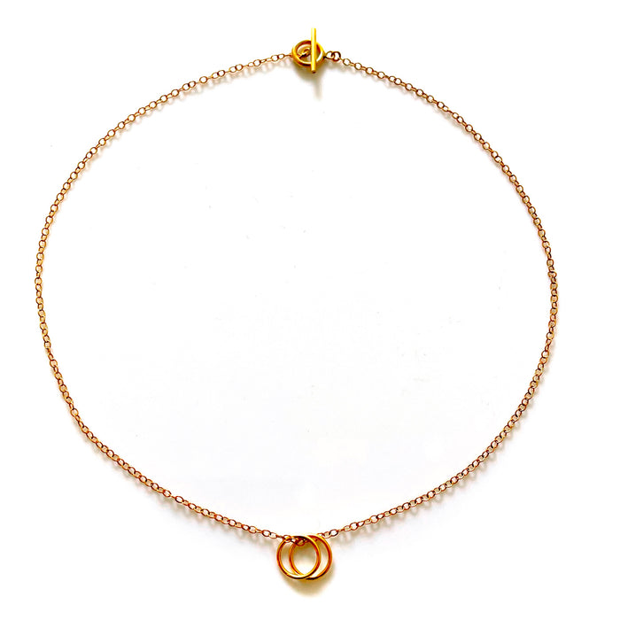 18ct Gold-Plated Sterling Silver Double Unity Karma Pendant Necklace - 10mm x 1mm Halo Rings - Cable Chain