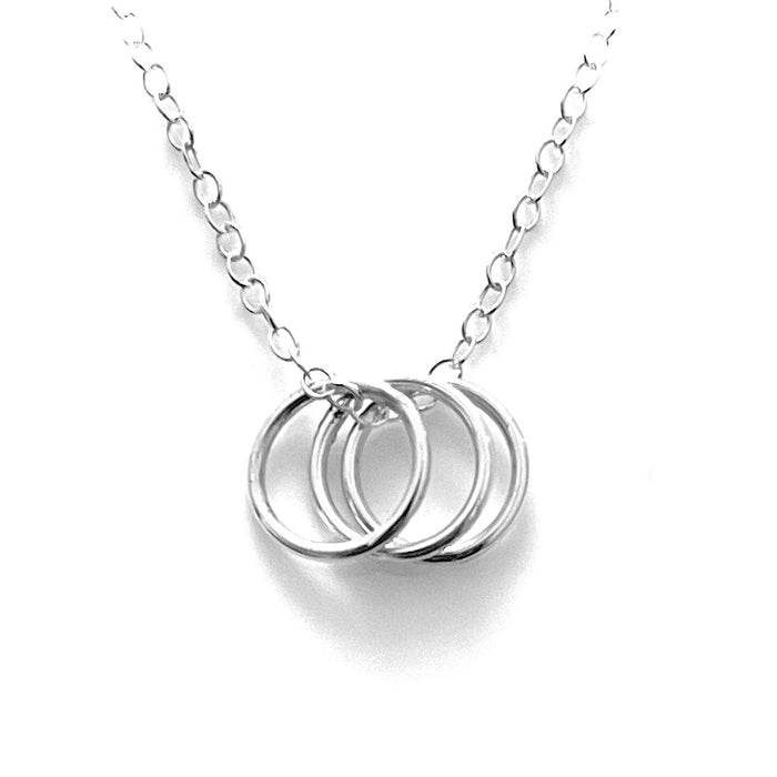 Sterling Silver Triple Unity Karma Pendant Necklace - 10mm x 1mm Halo Rings - Cable Chain