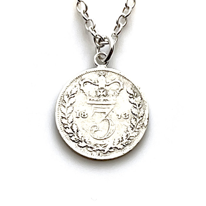 1873 Victorian Sterling Silver Three Pence Coin Pendant Close-up