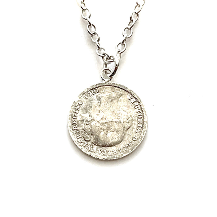 Authentic 1873 British Three Pence Coin Pendant and Necklace