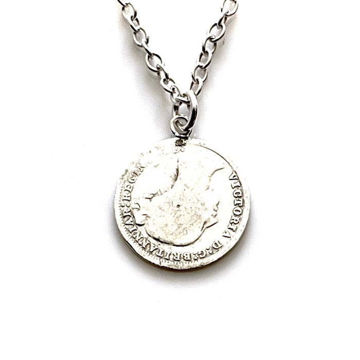 Elegant 1875 British coin pendant and necklace in sterling silver by Roberts & Co