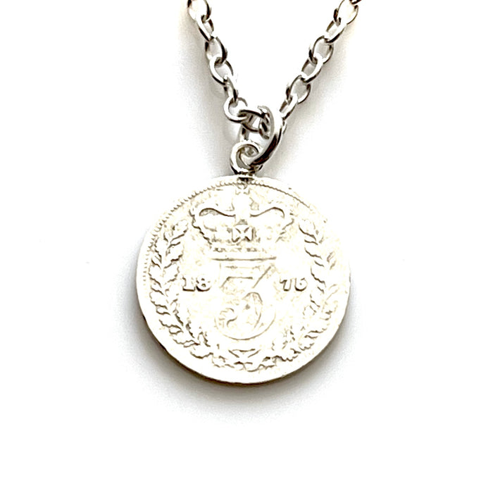 Timeless sterling silver 1875 Victorian three pence coin pendant from Roberts & Co