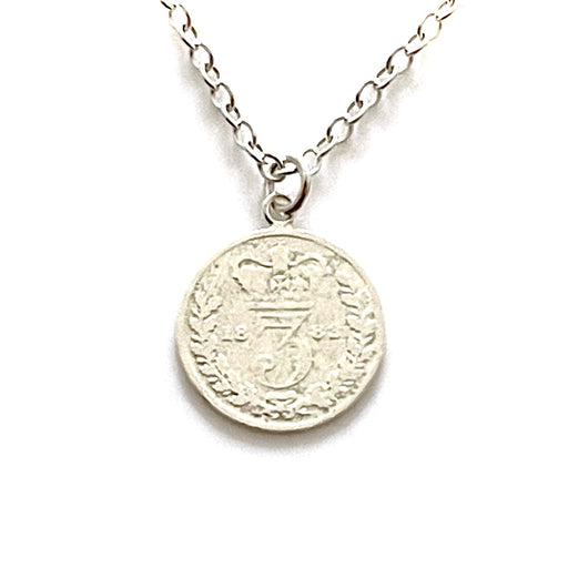Elegant 1883 Victorian British three pence coin pendant with sterling silver necklace