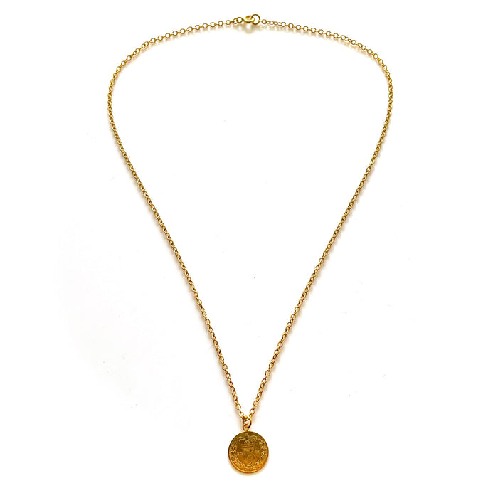 Stylish 18ct gold plated sterling silver necklace featuring a historic 1883 British three pence coin