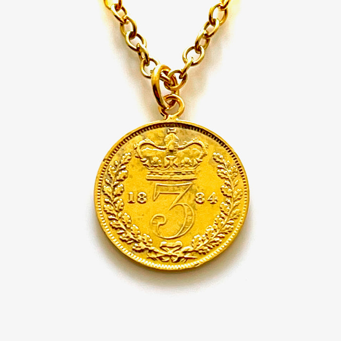 1884 Victorian British three pence coin pendant close