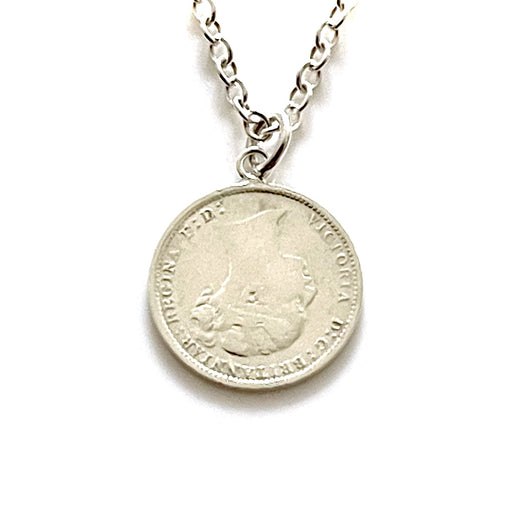 Authentic 1885 British coin necklace in sterling silver, radiating timeless elegance