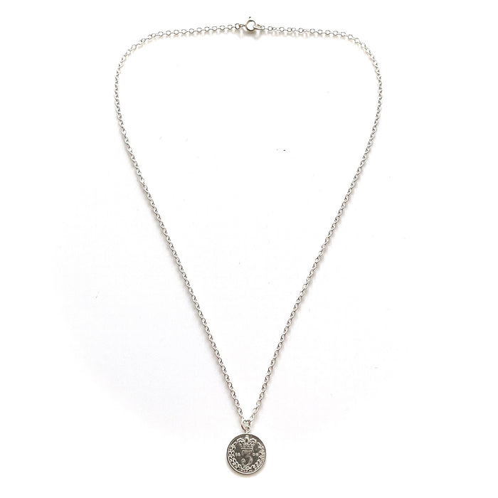 Stylish sterling silver necklace featuring a historic 1886 British three pence coin