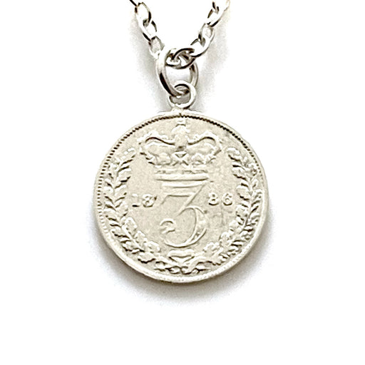 Elegant 1886 Victorian British three pence coin pendant and sterling silver necklace