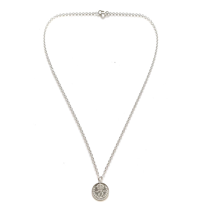 Stylish sterling silver necklace featuring a historic 1887 British three pence coin