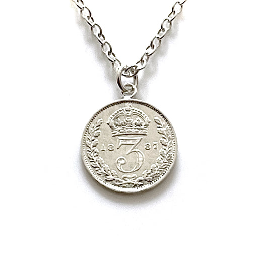 Elegant 1887 Victorian British three pence coin pendant and sterling silver necklace