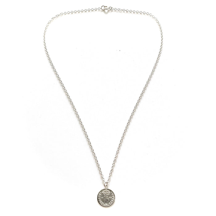 Chic sterling silver necklace featuring a historic 1888 British three pence coin