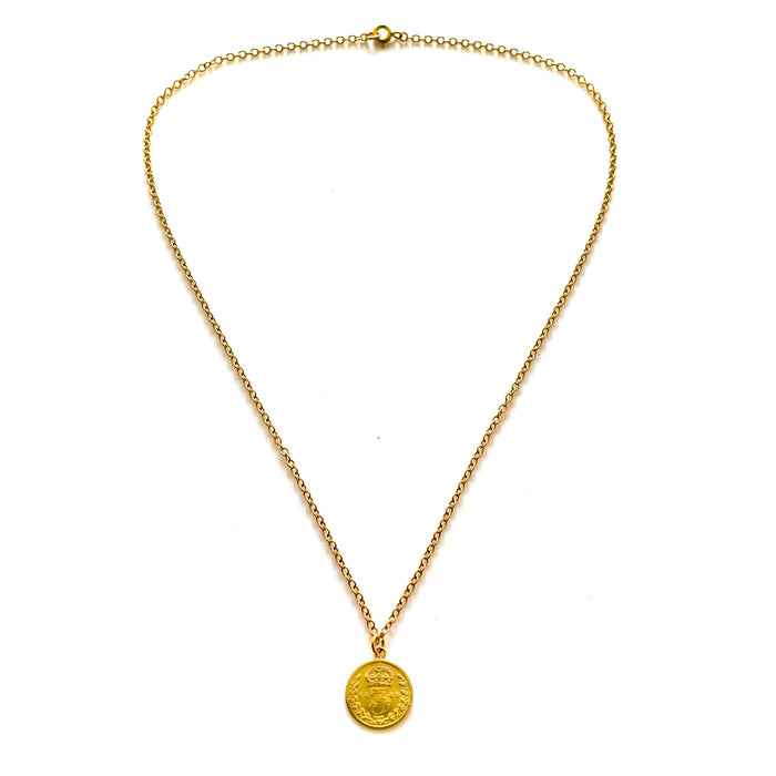 Elegant 18ct gold plated 1888 Victorian three pence coin pendant necklace