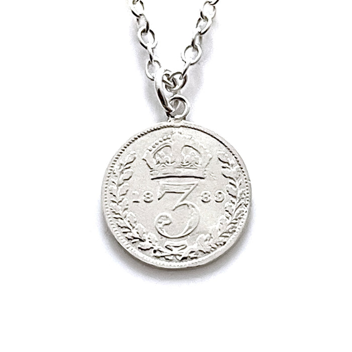 Elegant 1889 Victorian British three pence coin pendant and sterling silver necklace