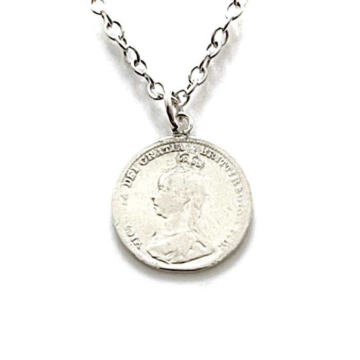 Authentic 1889 British coin necklace in sterling silver, exuding lasting grace