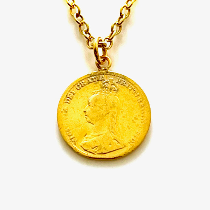 Roberts & Co 18ct gold plated 1889 British coin pendant and necklace