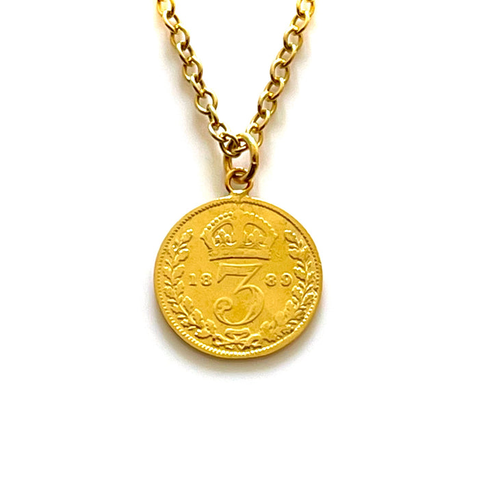 Elegant 18ct gold plated 1889 Victorian three pence coin pendant by Roberts & Co