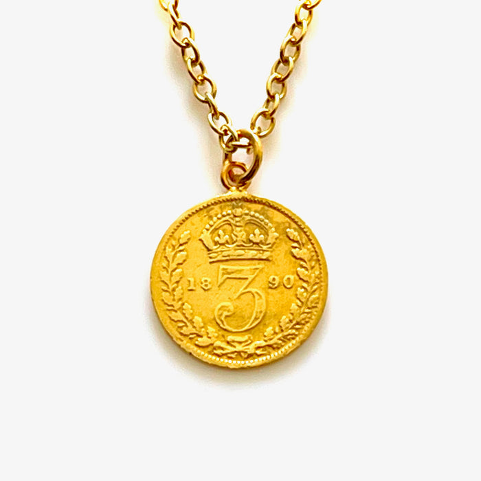 Genuine 1890 Victorian three pence coin pendant paired with a luxurious 18ct gold plated sterling silver chain