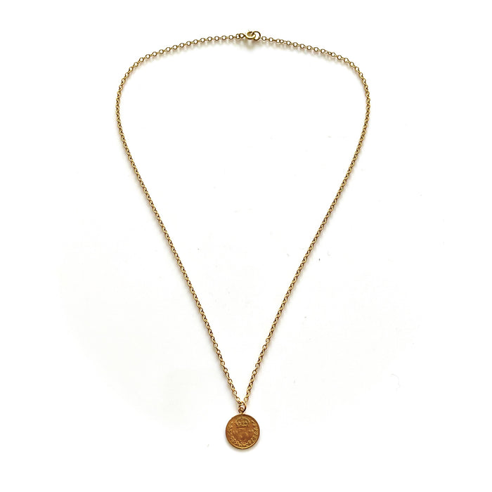 Stylish 18ct gold plated sterling silver necklace featuring a historic 1890 British three pence coin