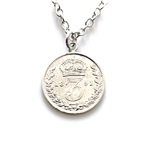 Victorian Sterling Silver 1891 Three Pence Coin Pendant Necklace