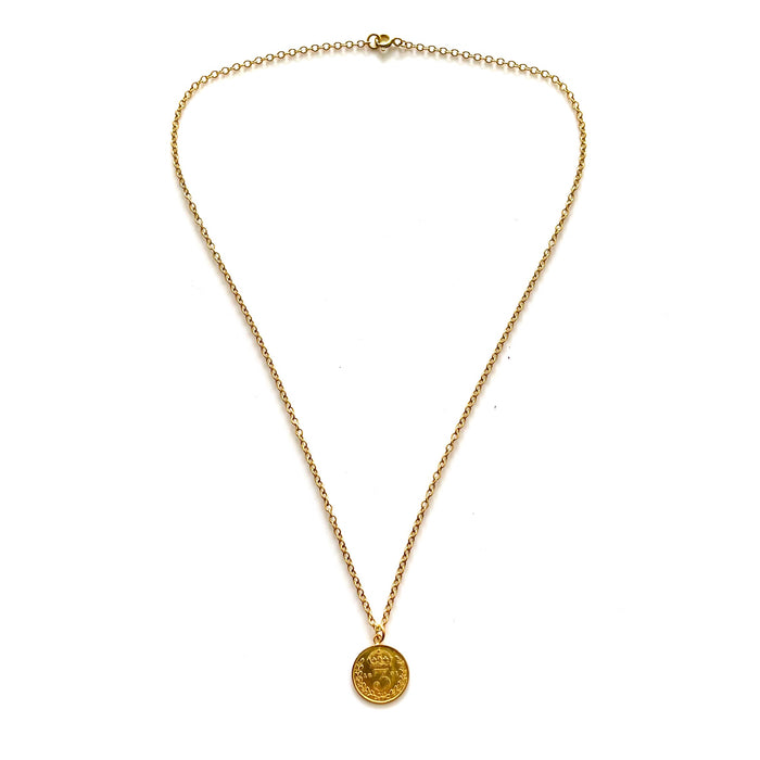 Refined 18ct gold plated sterling silver necklace featuring a historic 1891 British three pence coin
