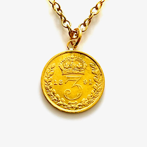Elegant 1891 Victorian British three pence coin pendant on 18ct gold plated sterling silver necklace