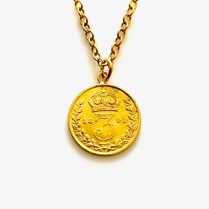 Genuine 1891 Victorian three pence coin pendant complemented by a luxurious 18ct gold plated sterling silver chain