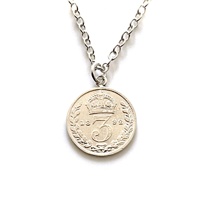 Three Pence Coin Pendant from 1892 on Sterling Silver Chain