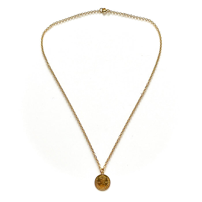 Refined 18ct gold plated sterling silver necklace showcasing a historic 1892 British three pence coin