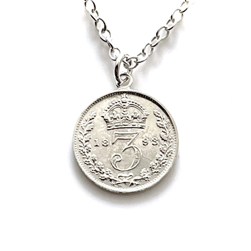 Sterling silver necklace with 1893 Victorian British three pence coin pendant