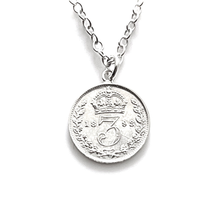 Genuine 1893 Victorian three pence coin pendant on a silver chain