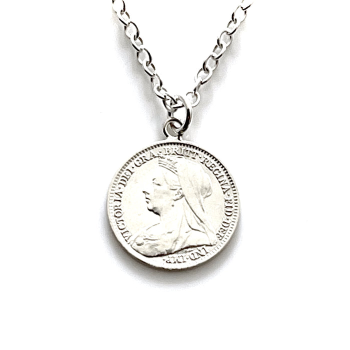 Unique 1893 British coin necklace in sterling silver, showcasing Old Money elegance