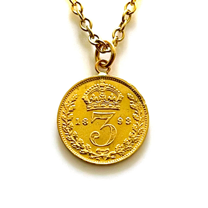 Elegant 1893 Victorian British three pence coin pendant on 18ct gold plated sterling silver necklace