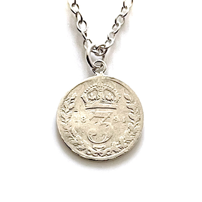Elegant sterling silver necklace with 1894 Victorian British three pence coin pendant