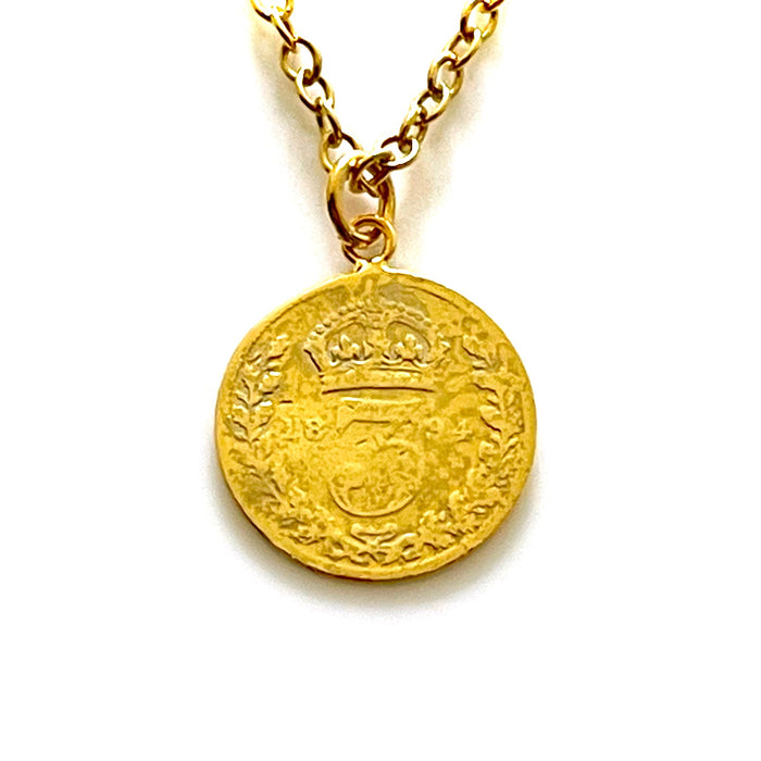Genuine 1894 Victorian three pence coin pendant with an exquisite 18ct gold plated sterling silver chain