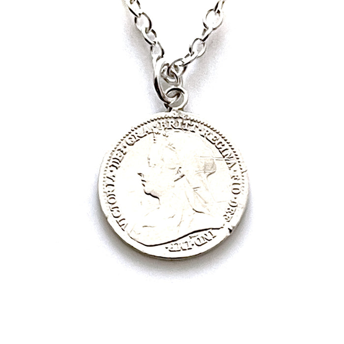 Genuine 1895 Victorian three pence coin pendant with a sterling silver chain