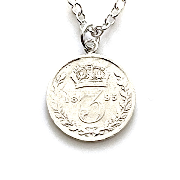 Elegant 1895 Victorian British three pence coin pendant on sterling silver necklace