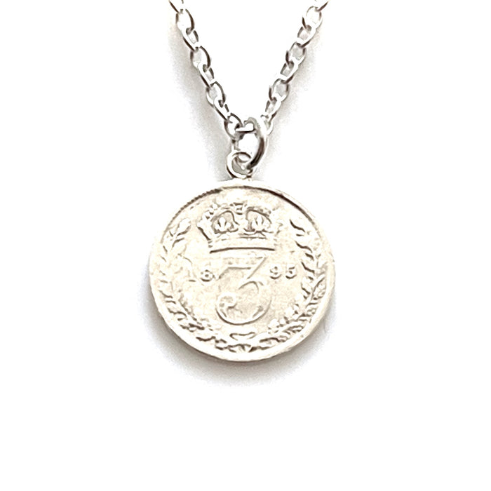 Authentic 1895 British coin necklace in sterling silver, showcasing Old Money charm