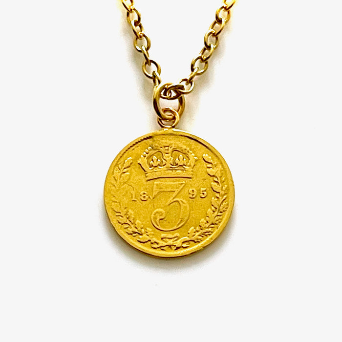 Genuine 1895 Victorian three pence coin pendant with a beautiful 18ct gold plated sterling silver chain